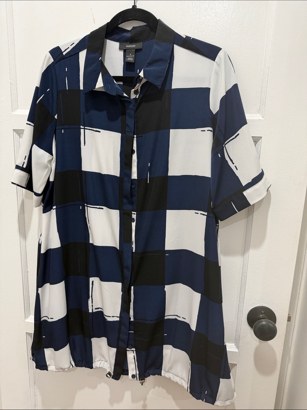 Alfani Navy, Black & White Checked Short Sleeve Button-Down Shirt